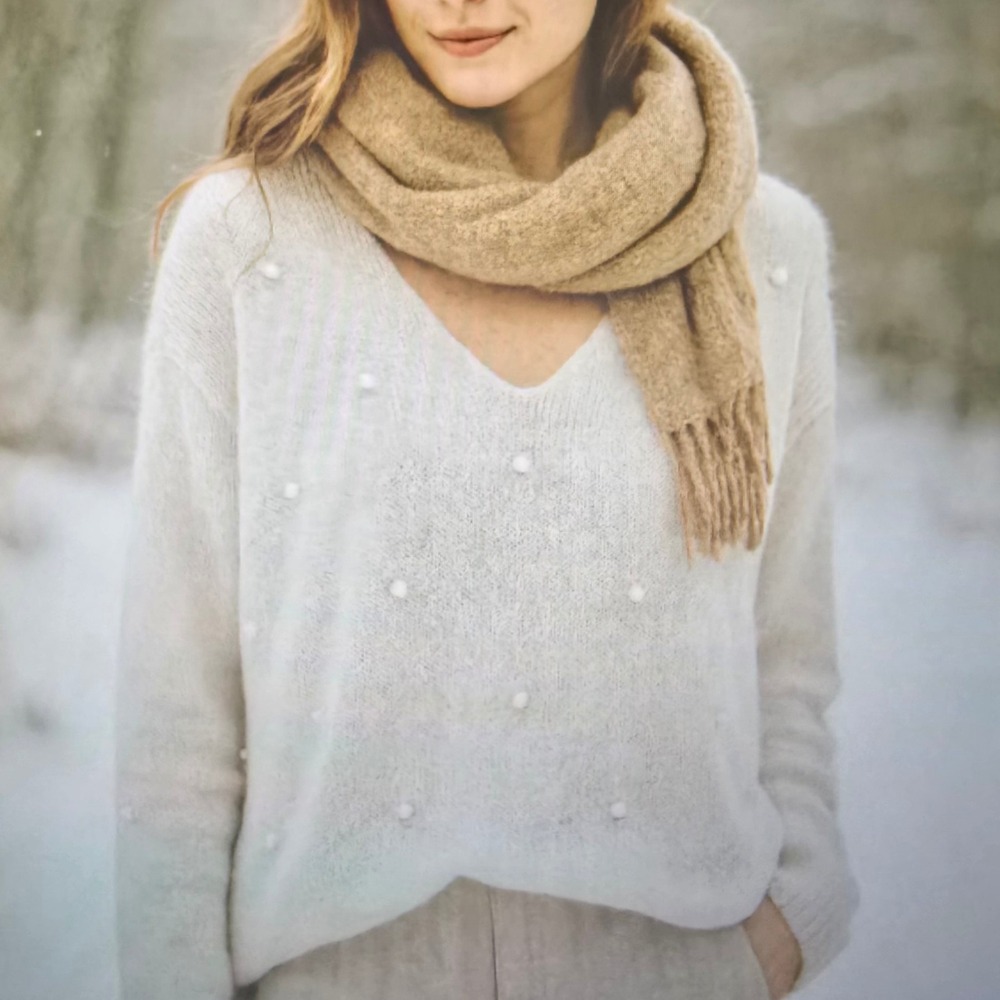 Wooden Ships Ivory Pom Pom V-Neck Sweater Cozy Knit Pullover Women's S/M